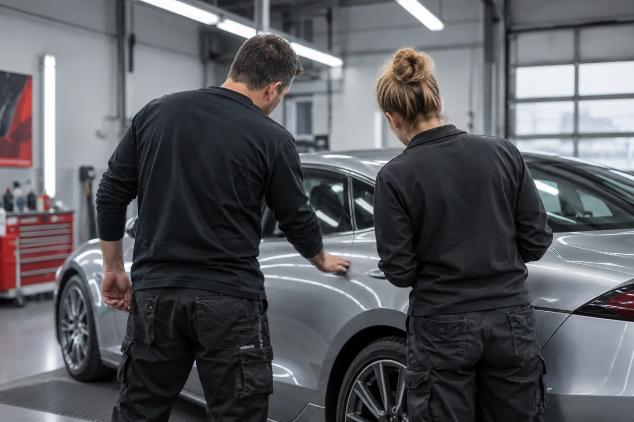 Werkstattteam bei der gemeinsamen Begutachtung einer Karosserie